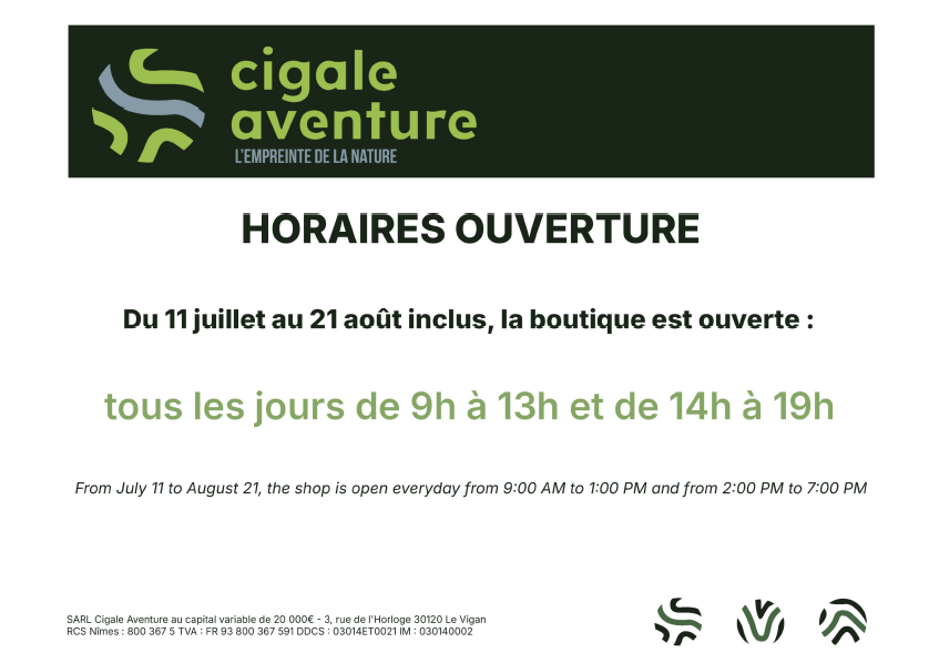 les horaires de printemps de Cigale Aventure 